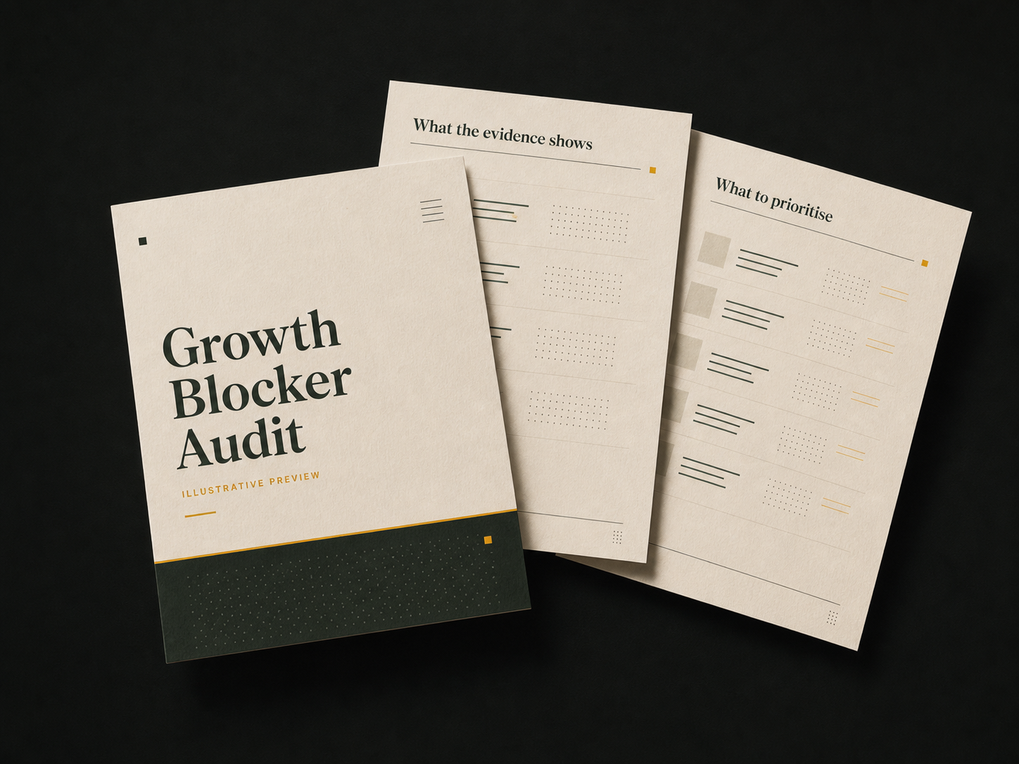 Illustrative Growth Blocker Audit report pages; no client results shown
